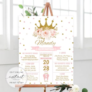 Editable Floral Birthday Milestone Board Princess Milestone Sign Gold Glitter Printable Decor 1st Birthday Sign First Birthday Poster DIYPRI