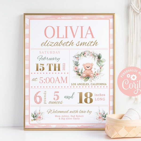 Blush Floral Baby Birth Stats Sign Printable Teddy Bear Birth Announcement Poster Newborn Stats Nursery Wall Art Decor Baby Keepsake DIY 059