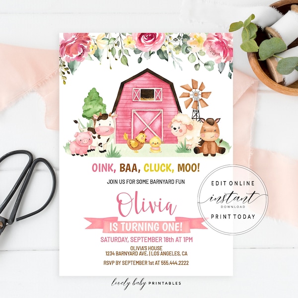 Editable Farm Birthday Invitation Printable First Birthday Invite Template Barnyard 1st Birthday Party Invite Farm Animals Instant Download