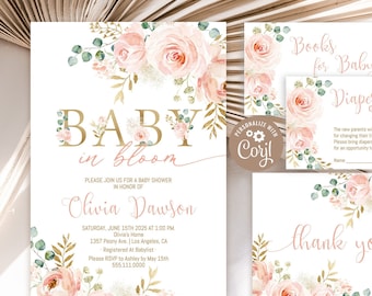 Printable Baby in Bloom Baby Shower Invitation Bundle Blush Pink Floral Baby Shower Invite Pack Editable Shower Party Invitation Template