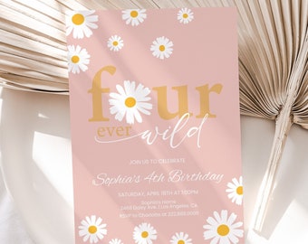 Sjabloon bewerkbare Daisy-verjaardagsuitnodiging Pink Daisy 4e verjaardag uitnodigen meisjes vierde verjaardagsfeestje VIER Ever Wild Boho afdrukbare digitale