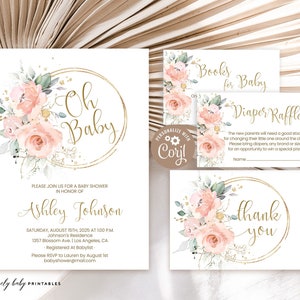 Baby Shower Invitation Set, Pack | Blush Pink Floral Gold Spring | Oh Baby Girl Shower Party Invitation Bundle, Editable Template, Printable