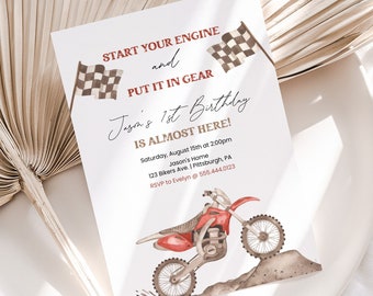 Dirt Bike Birthday Invitation, First Birthday Invite | Fast ONE, Motocross, Start Your Engine | Printable Boys Birthday Party Template DBR