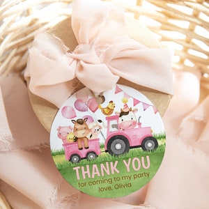 Editable Round Favor Tags, Girls 1st Birthday Gift Tag | Farm Animals, Barnyard, Ranch | Printable First Birthday Party Decoration Ideas FA1