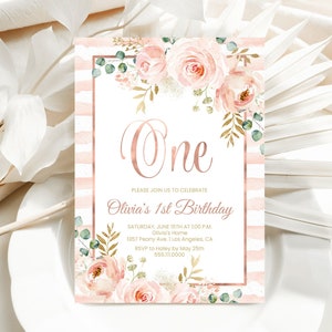 Blush Pink Floral Primera invitación de cumpleaños Plantilla imprimible 1er cumpleaños de la niña Invitación editable 1ra fiesta de cumpleaños Invitación oro rosa