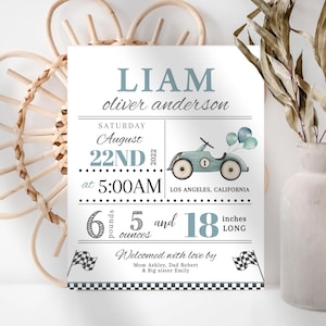 Imprimable Naissance Stats Signe Editable Naissance Stats Affiche Nouveau-né Stats Bébé Garçon Naissance Annonce Voiture De Course Bleue Pépinière Mur Art Rapide Un RC1