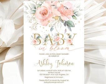 Blush Pink Floral Baby In Bloom Invitation Editable Spring Baby Shower Invite Template Printable Girl Baby Shower Party Invite Digital BI3
