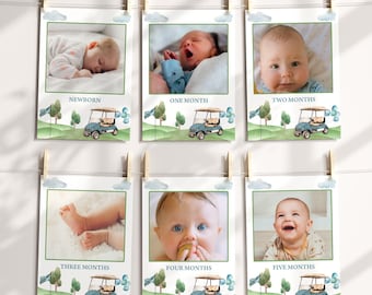 Monthly Photo Banner, 12 Months Birthday Banner, Year In Photos | Hole In One, Golfing Cart Par Tee | Printable Boys 1st Birthday Decor HIO