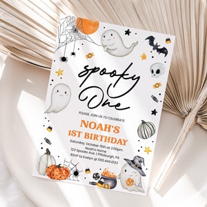 Spooky ONE Birthday Invitation, Boys 1st Birthday Invite | Spooky ONE, Halloween, Cute Ghost | Printable Birthday Party Invitation Template