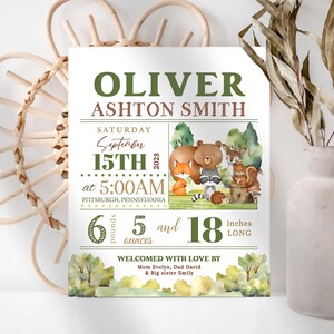 Editable Birth Stats Sign, Birth Announcement Poster | Woodland, Forest Animals, Wild ONE | Newborn Stats, Nursery Wall Art, Keepsakes WDL