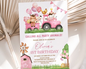 Farm Birthday Invitation, Girls 1st Birthday Invite | Farm Animals, Barnyard, Ranch | Printable First Birthday Party Invitation Template FA1