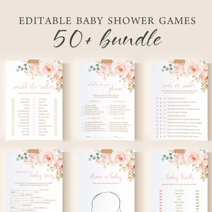 Editable Baby Shower Games Bundle Printable Baby Shower Signs Blush Pink Floral Baby Shower Party Decor Ideas Activities Template Set DIYBL2