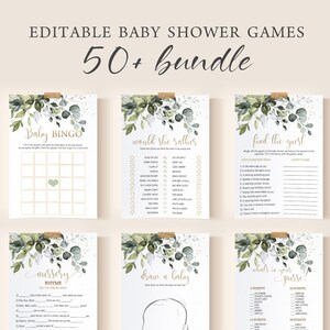 Editable Baby Shower Games Set, Package | Greenery Gold, Botanical Eucalyptus | Printable Baby Shower Party Decorations, Activities DIYGGR