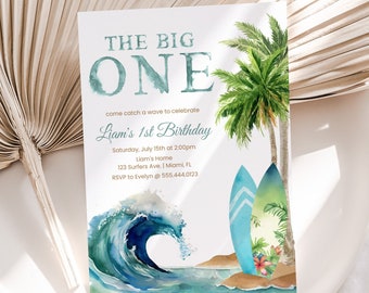 The Big ONE Birthday Invitation, Surfing 1st Birthday Invite Template | Surf Wave, Beach, Surfboard | Boys First Birthday Party, Printable