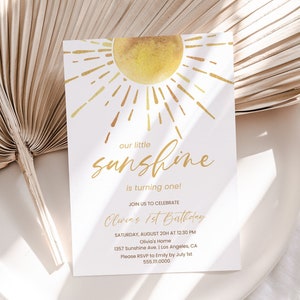 Little Sunshine Birthday Invitation, Sun 1st Birthday Invite | Boho Retro | Printable Kids Birthday Party Invite, Editable Template, Any Age