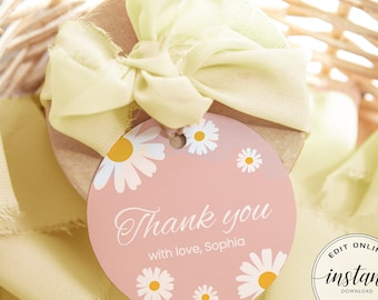 Daisy Favor Tags, Stickers - Little Miss ONEderful 1st Birthday Thank You Tags, Pink Boho Party Favors, Editable Printable RD1