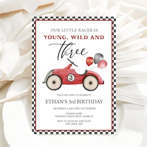 Third Birthday Invitation Boys Editable Race Car 3rd Birthday Invite Racing Car Young Wild & Three Boys Birthday Party Printable Instant