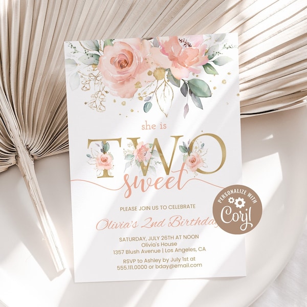 Second Birthday Invitation Template, Girls 2nd Birthday Invite | TWO Sweet, Blush Pink Floral Gold | Printable 2nd Birthday Party Invitation