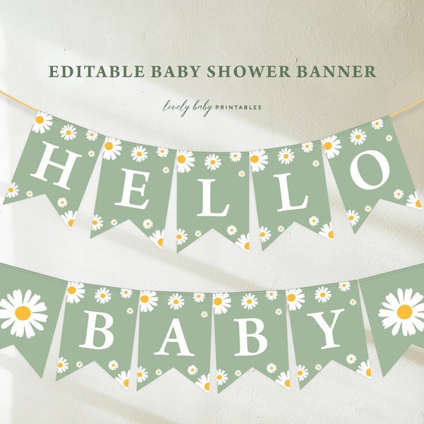 Baby Shower Party Banner, Hello Baby | Daisy, Baby in Bloom, Boho Floral Retro, Sage Green | Printable Shower Bunting, Custom Garland DSG