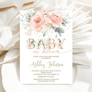 Blush Pink Floral Baby In Bloom Invitation Editable Spring Baby Shower Invite Template Printable Girl Baby Shower Party Invite Digital BI3
