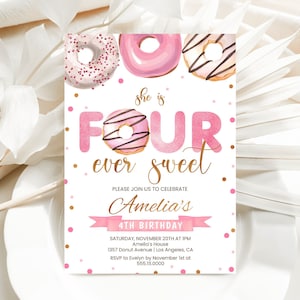 FOUR Ever Sweet Birthday Invitation Pink Donut Fourth Birthday Invite Printable Girls 4th Birthday Party Editable Template Digital Download