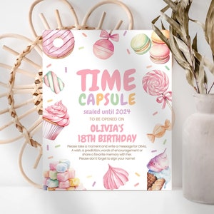 Verjaardag tijdcapsule teken, kaart | Sweet ONE, donut, snoep, ijs, pastel | Afdrukbare meisjes 1e verjaardag partij decorideeën, aandenken SWT