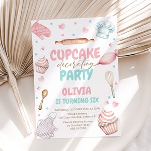 Cupcake verjaardagsuitnodiging, nodig uit voor ELKE LEEFTIJD | Cupcakes decoreren, koekjes bakken | Sjabloon afdrukbare verjaardagsuitnodiging meisjes CPK