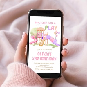 Faire-part d'anniversaire pour aire de jeux, Evite | Faire la fête dans le parc, jouons en plein air, été | Invitation d'anniversaire de fille modifiable, téléphone électronique PPK