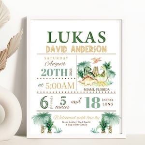 Signo de estadísticas de nacimiento editables, cartel de anuncio de nacimiento de niño / Dino dinosaurio T-Rex / estadísticas de recién nacidos imprimibles, decoración de arte de pared de guardería personalizada DI1