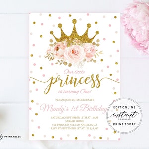 Blush Pink Floral Princess Birthday Invitation Printable 1st Birthday Gold Glitter Confetti Drive By Birthday Parade DIY Editable Template