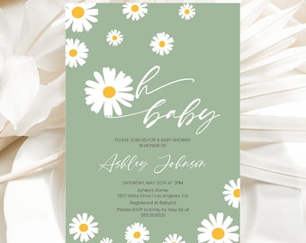 Daisy Baby Shower Invitation, Invite | Baby in Bloom, Boho Floral Retro Sage Green | Printable Neutral Baby Shower Party Invite Template DSG