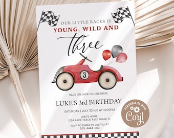 Third Birthday Invitation Boy Race Car 3rd Birthday Invite Racing Car Boys Birthday Party Printable Editable Template Young Wild & Three