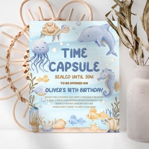 Verjaardag tijdcapsule teken, kaart | Onder de zee, oceaandieren, zomer | Afdrukbare jongens 1e verjaardag partij decoratie-ideeën, souvenirs OTS