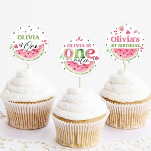 Printable Cupcake Toppers, Editable Cake Decor | Watermelon One In A Melon Summer | Girl 1st Birthday Party Decor Custom Cupcake Toppers PWM