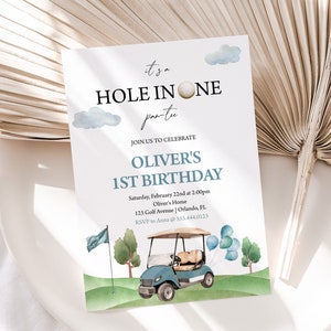 Hole In One Birthday Invitation, First Birthday Invite | Golf Cart, Golfing Par Tee | Szablon zaproszenia na pierwsze urodziny dla chłopców do wydrukowania HIO