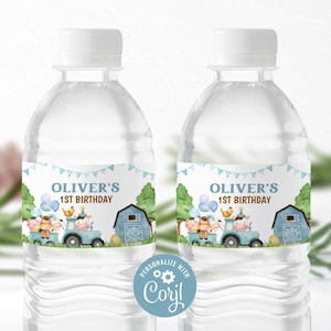 Editable Water Bottle Labels | Farm, Barn Animals, Barnyard, Ranch | Printable Boys 1st Birthday Decor Ideas, Custom Party Bottle Label FA2