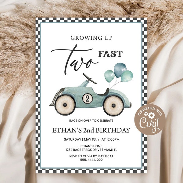 Editable TWO Fast Birthday Invitation Race Car 2nd Birthday Invite Blue Racing Car Boys Second Birthday Party Printable Digital Template