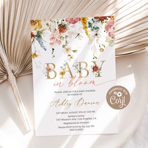 Plantilla editable de invitación para baby shower con tema de "Bebé en flor". Invitación para baby shower con flores de primavera. Invitación imprimible para fiesta de baby shower con flores silvestres.