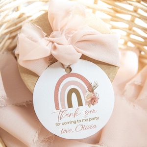 Editable Round Favor Tags, Girls 1st Birthday Gift Tags | Modern Boho Rainbow | Printable Girl 1st Birthday Party Favours Thank You Tags MBR