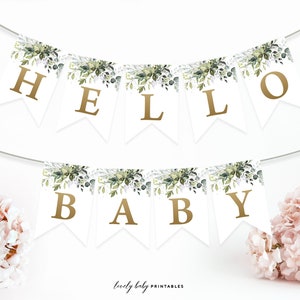 Bewerkbare banner voor babyshowerfeest Afdrukbare Hello Baby-banner groen Babyshower decoratie-ideeën Afdrukbare sjabloon voor feestbanner DIYGGR