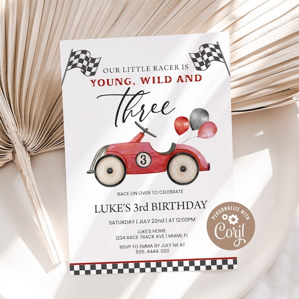 Third Birthday Invitation Boy Race Car 3rd Birthday Invite Racing Car Boys Birthday Party Printable Editable Template Young Wild & Three
