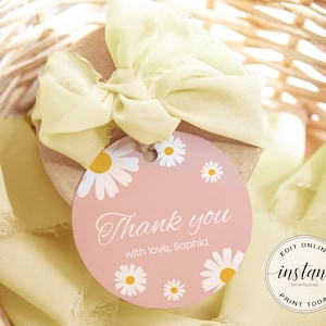Etichette per bomboniere per il primo compleanno con margherita, per ragazza stampabile, per la prima festa di compleanno, etichette di ringraziamento modificabili, etichetta regalo retrò Boho, decorazione di compleanno rosa RD1