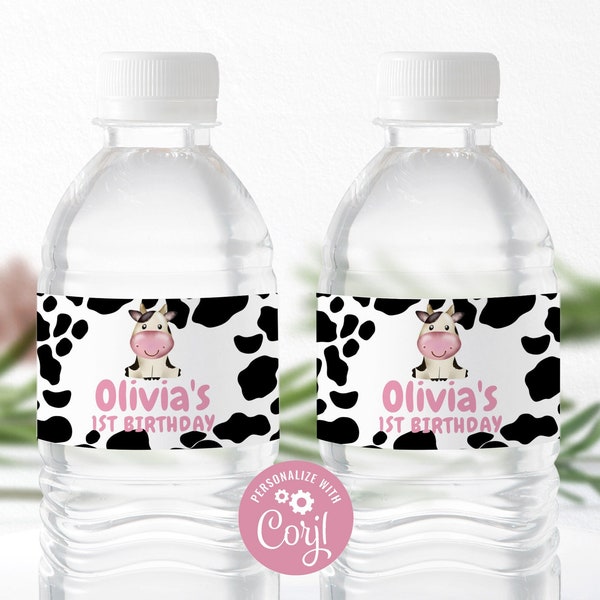 Editable Water Bottle Labels | Holy Cow I'm ONE, Cow Print | Printable Girls 1st Birthday Decor Ideas, Personalized Party Bottle Labels HCW