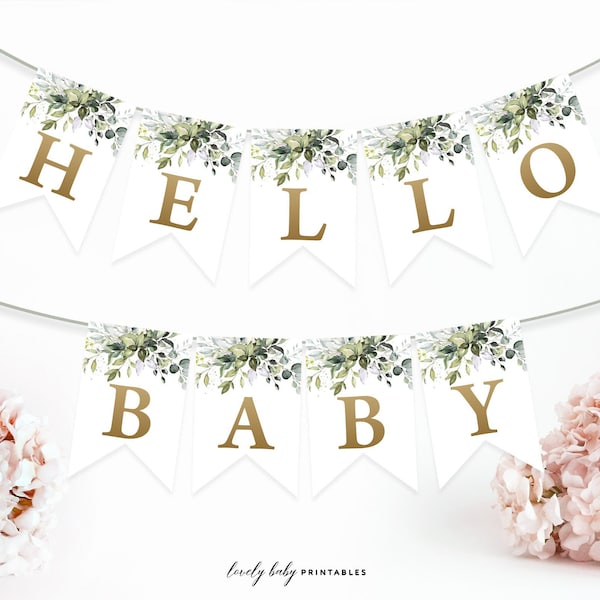 Bearbeitbare Baby Shower Party Banner druckbare Hello Baby Banner Greenery Baby Shower Dekoration Ideen druckbare Party Banner Vorlage DIYGGR