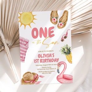 ONE In The Sun Birthday Invitation, First Birthday Invite | Beach Pool Party, Tropical Summer | Printable Girl 1st Birthday Party Invite OBP