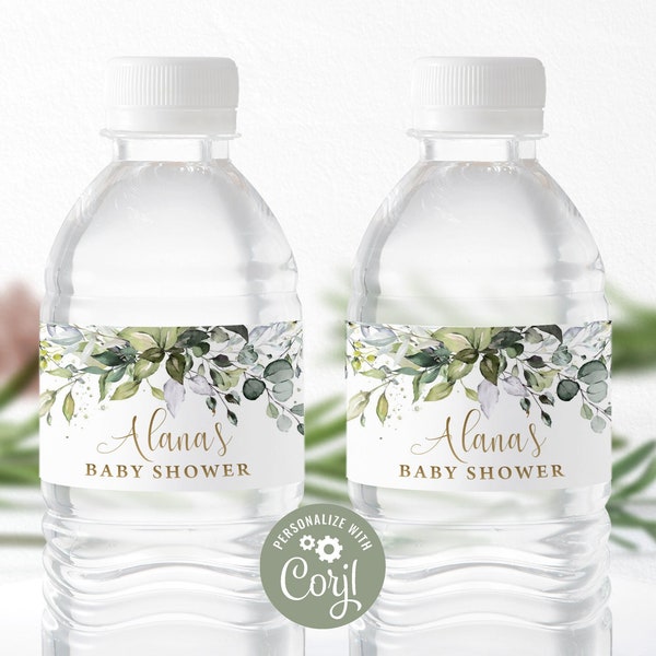 Editable Water Bottle Label Template | Greenery Gold, Botanical Eucalyptus | Printable Baby Shower Party Decor, Custom Bottle Labels DIYGGR