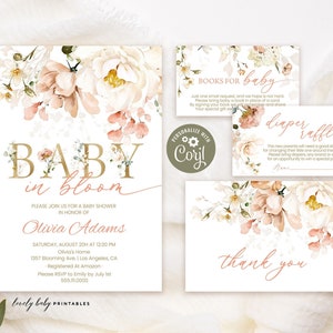 Baby Shower Invitation Set, Pack, Bundle | Baby In Bloom, Blush Floral, Spring | Printable Baby Girl Shower Party Invite, Editable Template