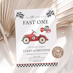 Fast ONE 1st Birthday Invitation Race Car Birthday Invite Boys Red Racing Car First Birthday Party | Digital Printable | Editable Template