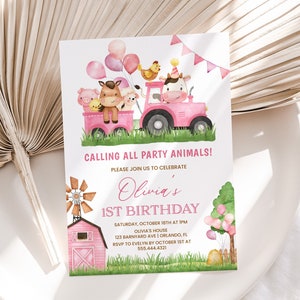 Farm Birthday Invitation, Girls 1st Birthday Invite | Farm Animals, Barnyard, Ranch | Printable First Birthday Party Invitation Template FA1