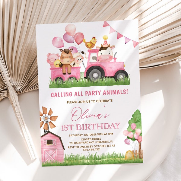 Invitación de cumpleaños de granja, invitación de 1er cumpleaños para niñas / animales de granja, corral, rancho / plantilla de invitación de primera fiesta de cumpleaños imprimible FA1